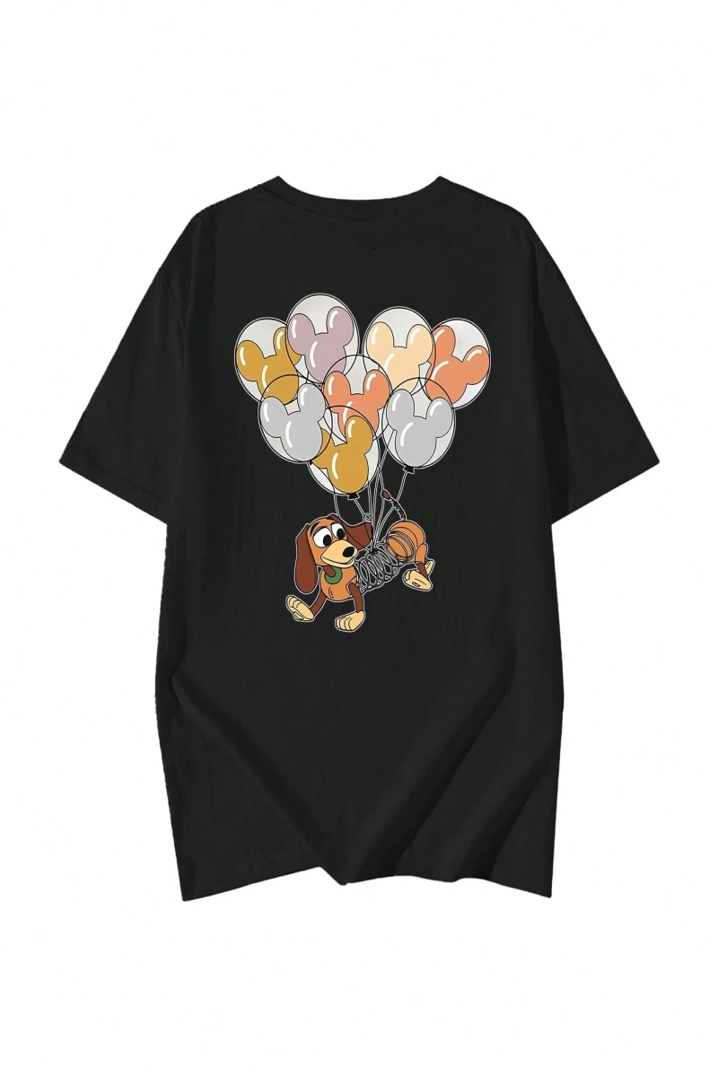 Disney Kadın Yaz Günlük Rahat Gevşek Yuvarlak Yaka Kısa Kollu Tişört Sevimli Disney Çizg