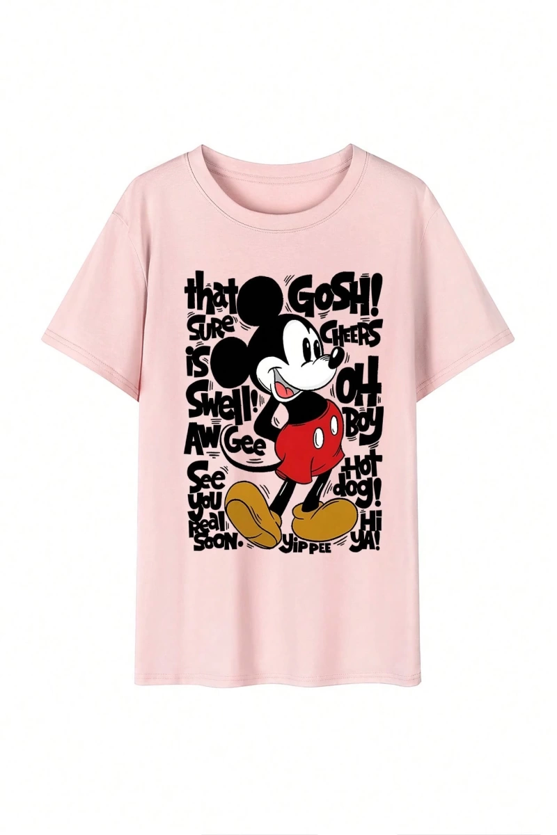 Disney Kadın Yaz Günlük Rahat Gevşek Yuvarlak Yaka Kısa Kollu Tişört Sevimli Disney Çizg