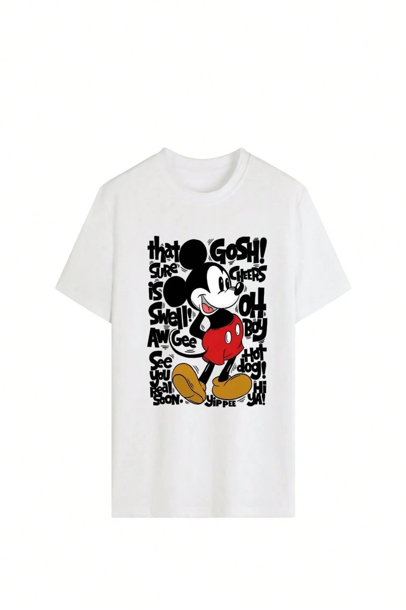 Disney Kadın Yaz Günlük Rahat Gevşek Yuvarlak Yaka Kısa Kollu Tişört Sevimli Disney Çizg