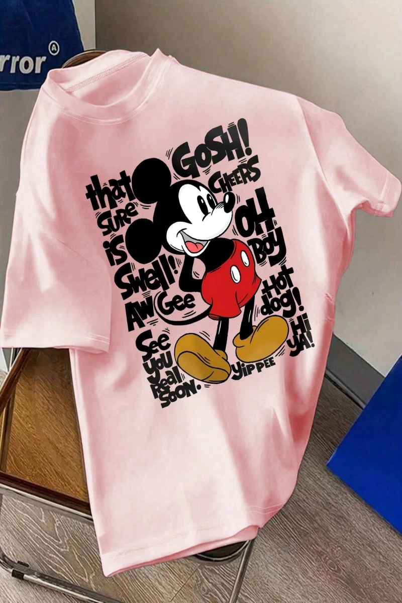Disney Kadın Yaz Günlük Rahat Gevşek Yuvarlak Yaka Kısa Kollu Tişört Sevimli Disney Çizg