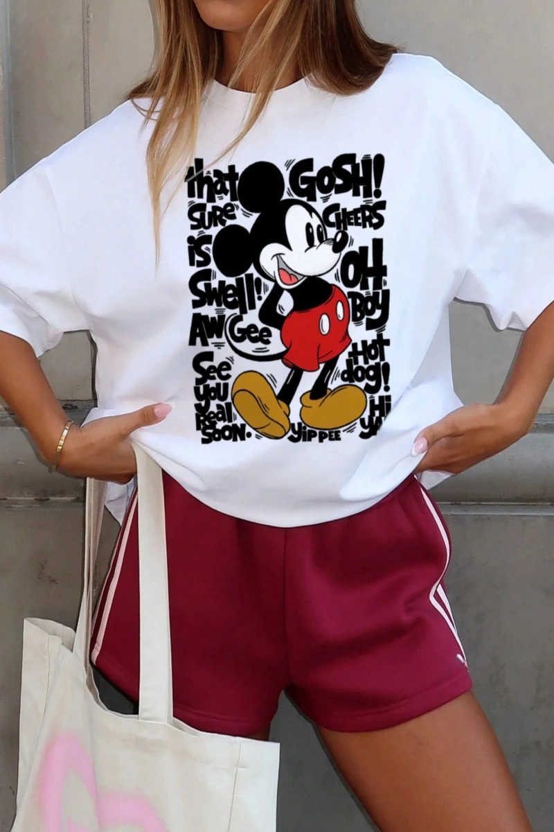 Disney Kadın Yaz Günlük Rahat Gevşek Yuvarlak Yaka Kısa Kollu Tişört Sevimli Disney Çizg