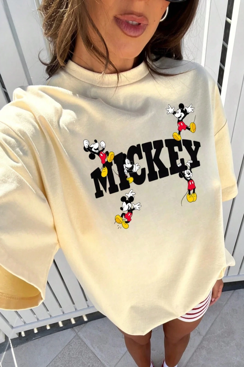 Disney Kadın Yaz Günlük Rahat Gevşek Yuvarlak Yaka Kısa Kollu Tişört Sevimli Disney Çizg