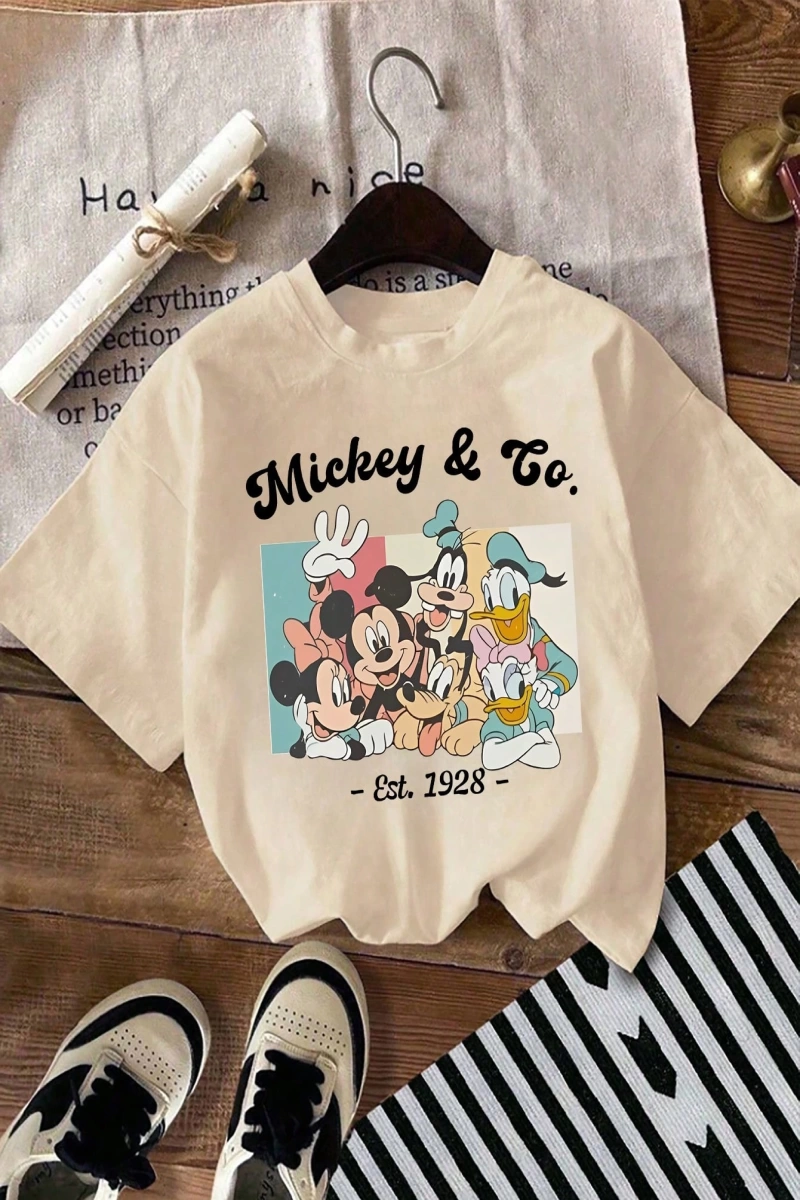 Disney Kadın Yaz Günlük Rahat Gevşek Yuvarlak Yaka Kısa Kollu Tişört Sevimli Disney Çizg