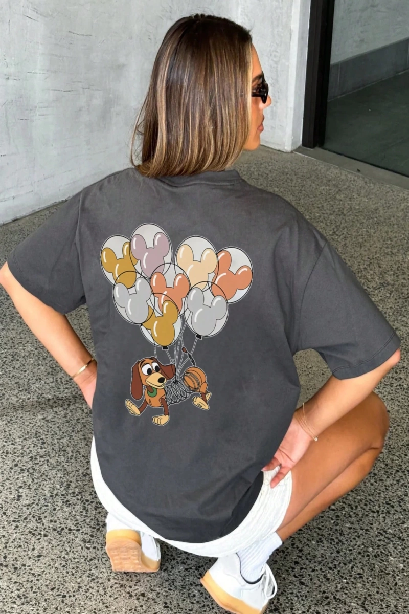 Disney Kadın Yaz Günlük Rahat Gevşek Yuvarlak Yaka Kısa Kollu Tişört Sevimli Disney Çizg