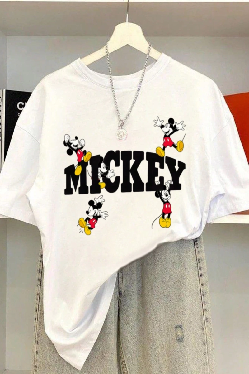 Disney Kadın Yaz Günlük Rahat Gevşek Yuvarlak Yaka Kısa Kollu Tişört Sevimli Disney Çizg