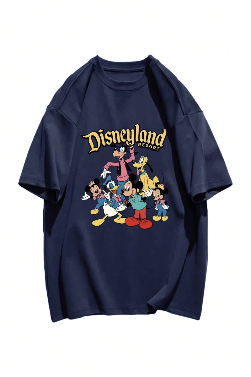Disney Kadın Yaz Minimalist ve Sevimli Karikatür Baskılı Yuvarlak Yak