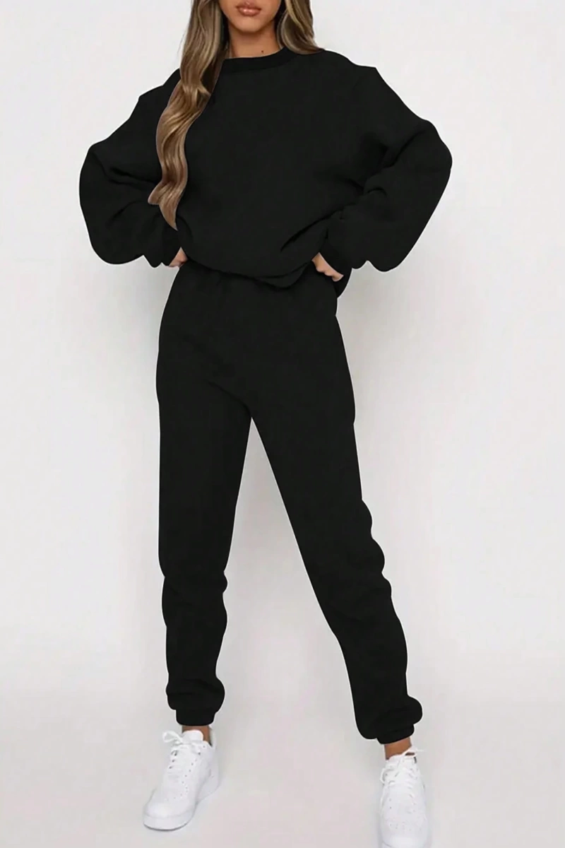 Düz Renk Yuvarlak Yaka Sweatshirt Ve Pantolon Takımı