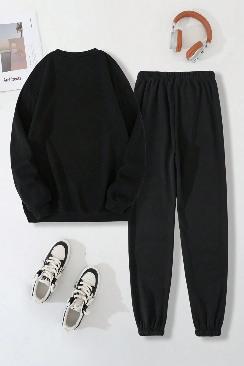 Düz Renk Yuvarlak Yaka Sweatshirt Ve Pantolon Takımı