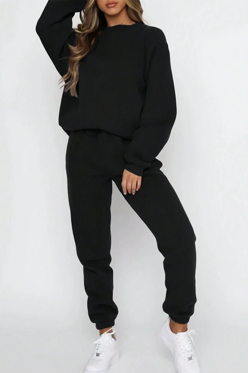 Düz Renk Yuvarlak Yaka Sweatshirt Ve Pantolon Takımı