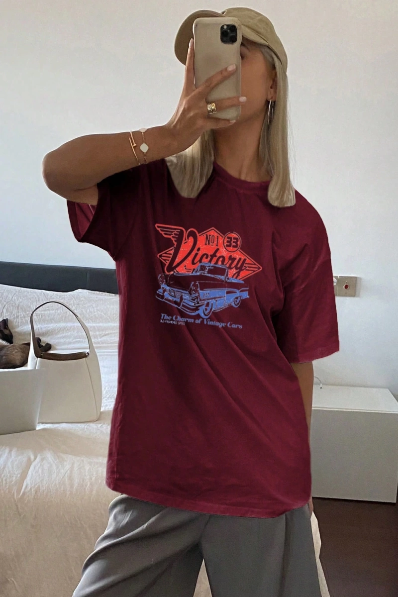 Düz Renk Yuvarlak Yaka Uzun Bol Kesim Kısa Kollu Kadın Tişört Yaz