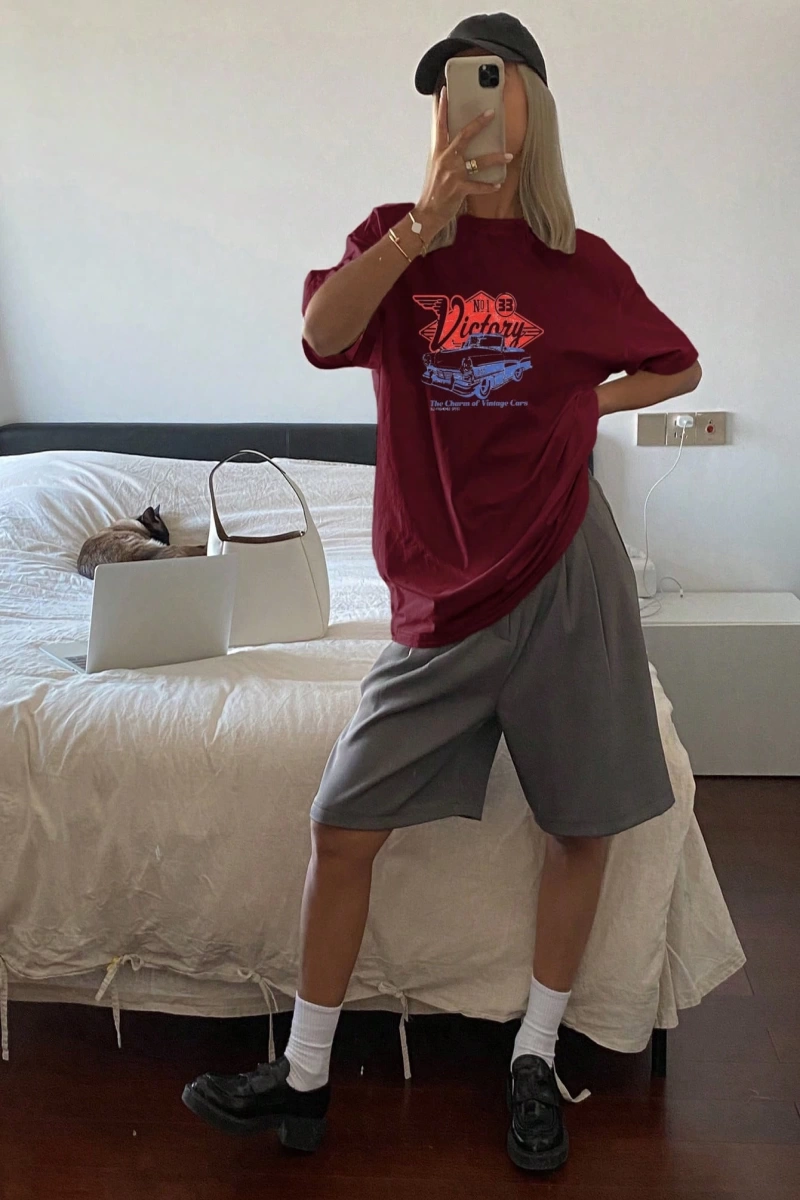 Düz Renk Yuvarlak Yaka Uzun Bol Kesim Kısa Kollu Kadın Tişört Yaz