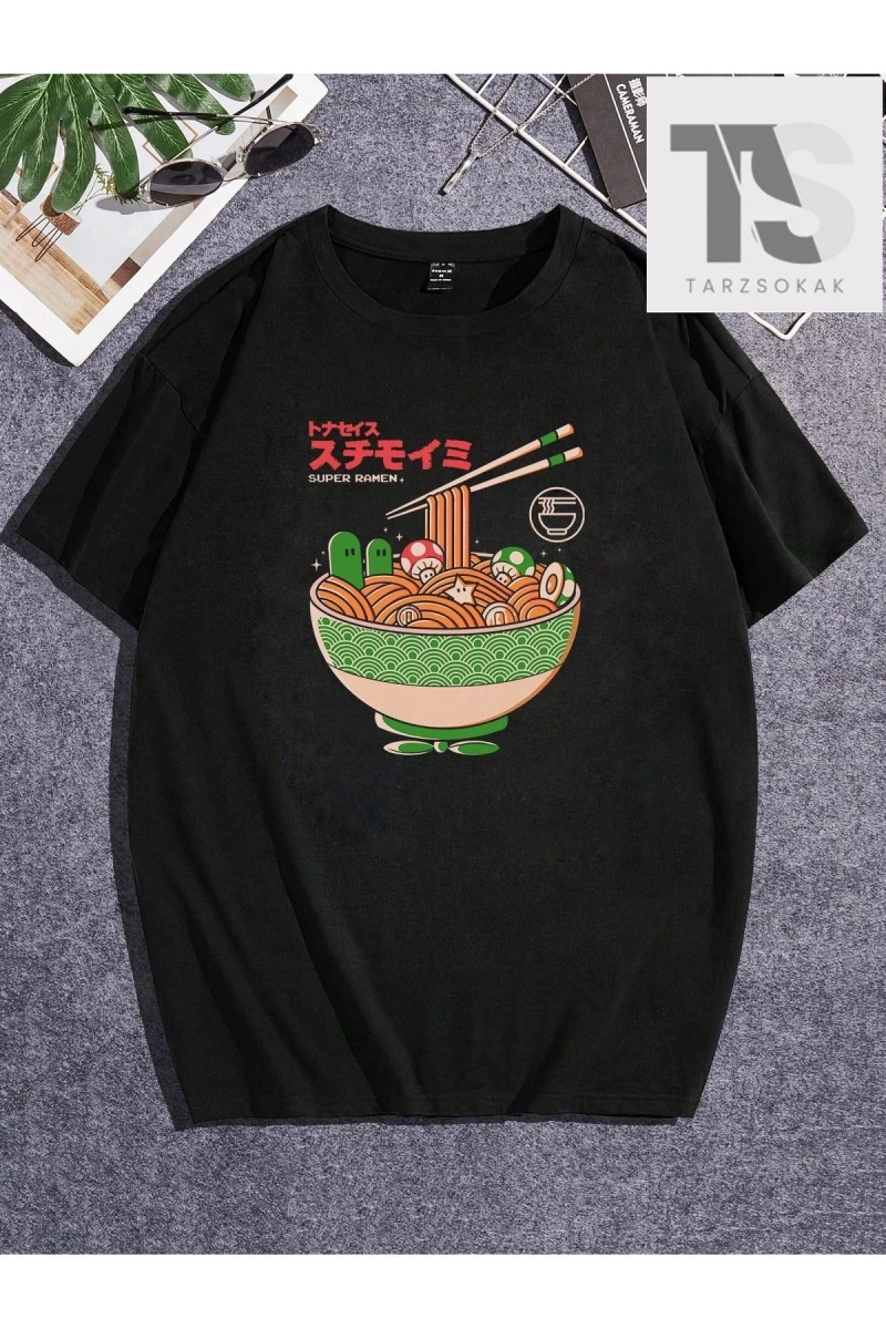Eoli Studio Erkek Japon Harfli ve Karikatür Grafikli Tişört