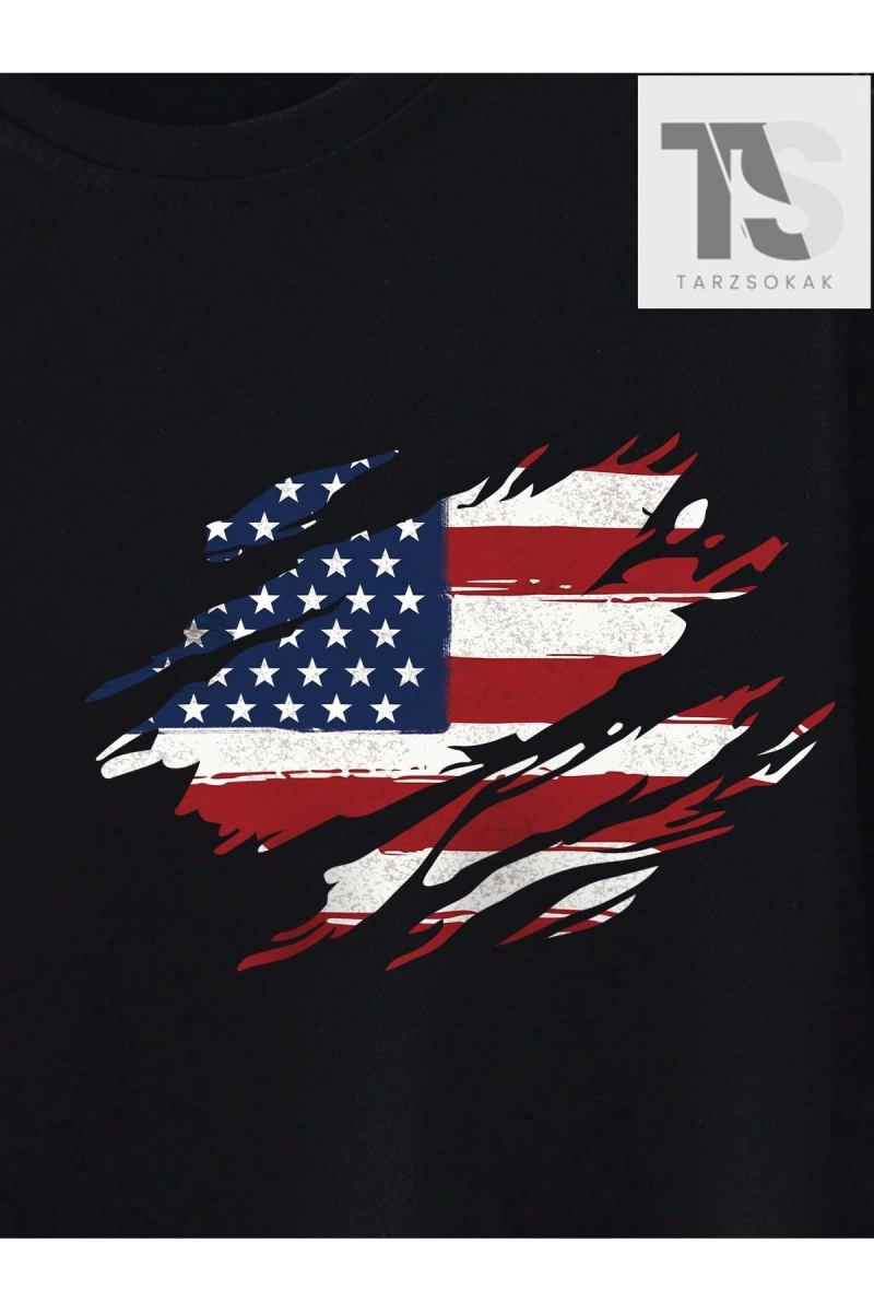 Erkek Amerikan Bayrağı Baskılı Tişört