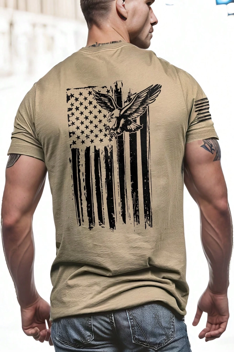 Erkek Amerikan Bayrağı ve Kartal Baskılı Kısa Kollu Tişört Yaz İçin