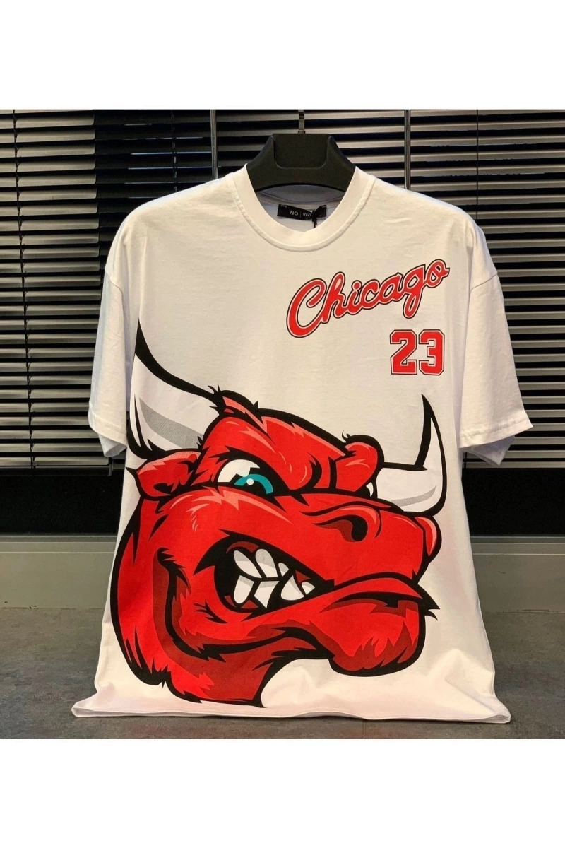 Erkek Beyaz Chicago 23 Baskılı Oversize Bisiklet Yaka Tshirt