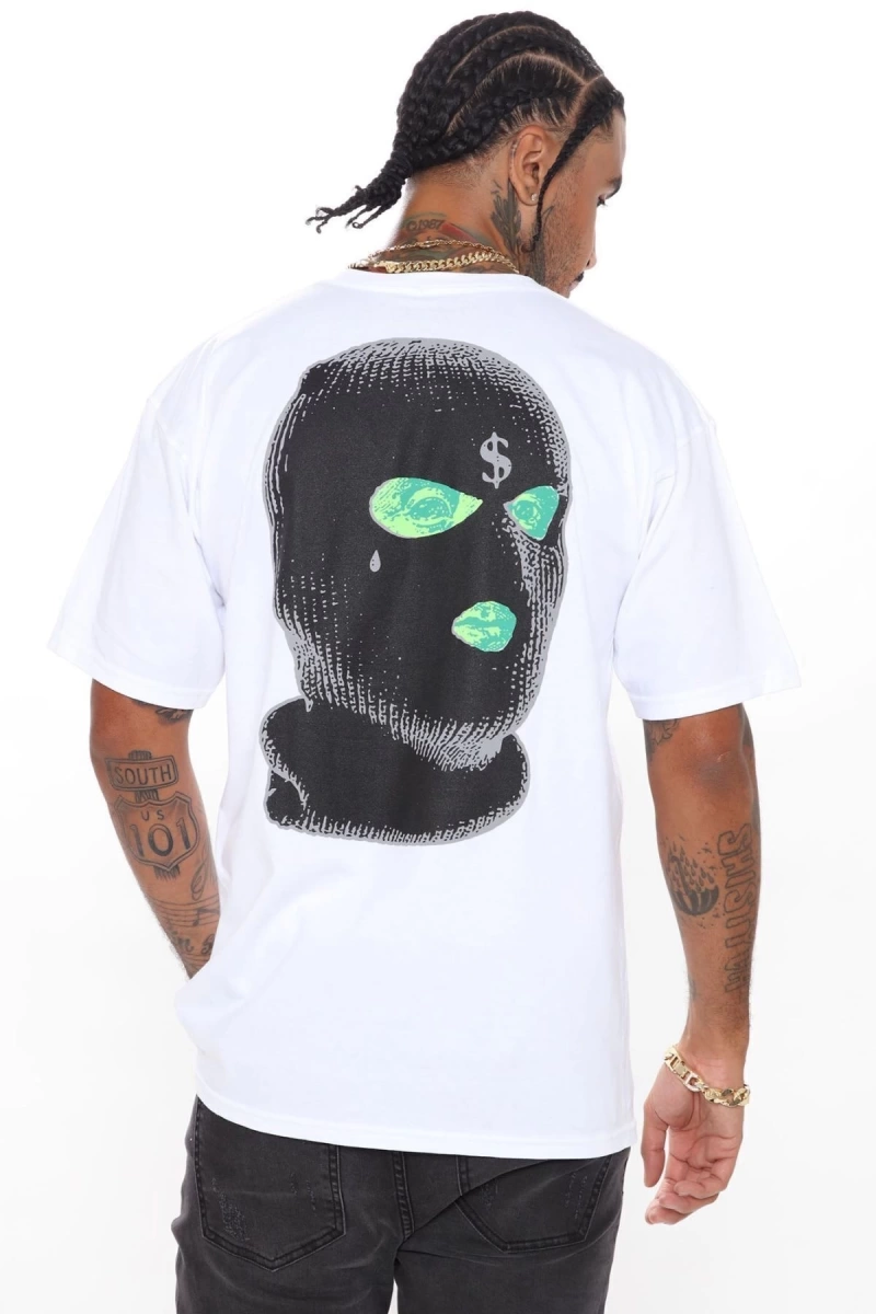 Erkek Beyaz Dirty Money Drill Sırt Baskılı Oversize Bisiklet Yaka T-shirt