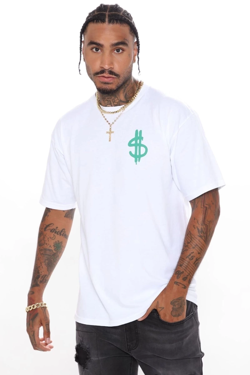 Erkek Beyaz Dirty Money Drill Sırt Baskılı Oversize Bisiklet Yaka T-shirt