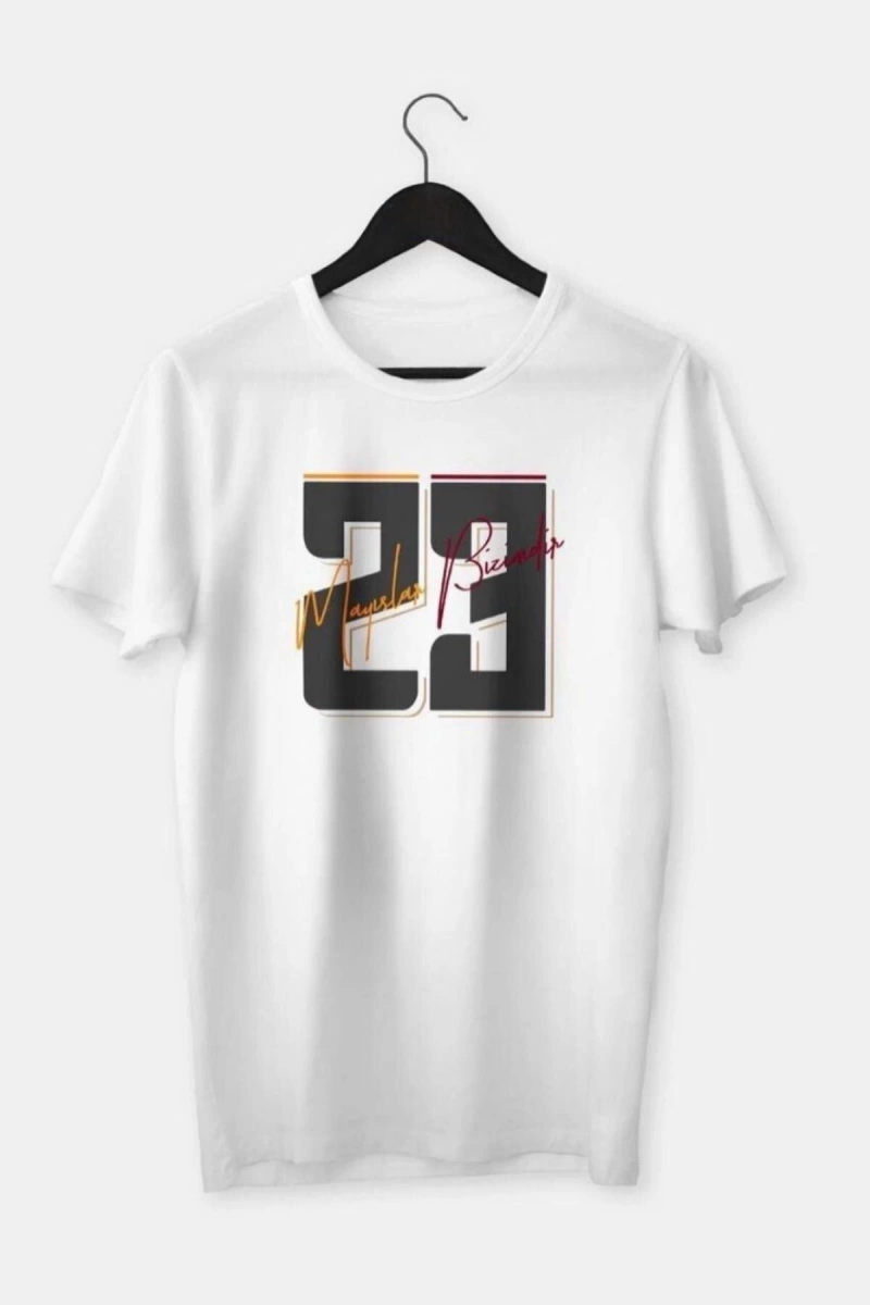 Erkek Beyaz Grande 23 Baskılı Oversize Bisiklet Yaka Tshirt