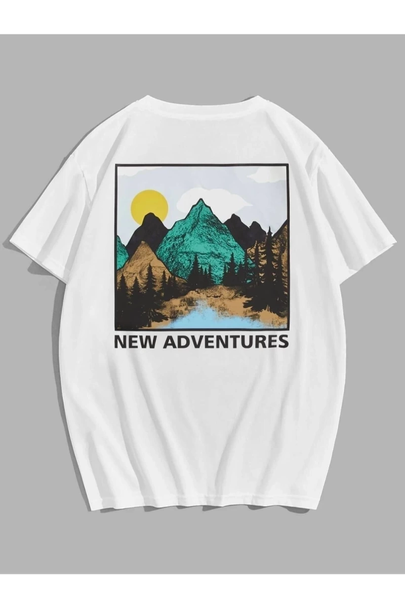 Erkek Beyaz Mountaın Baskılı Bisiklet Yaka Tshirt