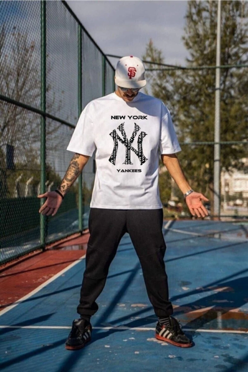 Erkek Beyaz Ny Baskılı Oversize Bisiklet Yaka Kısa Kollu T-shirt