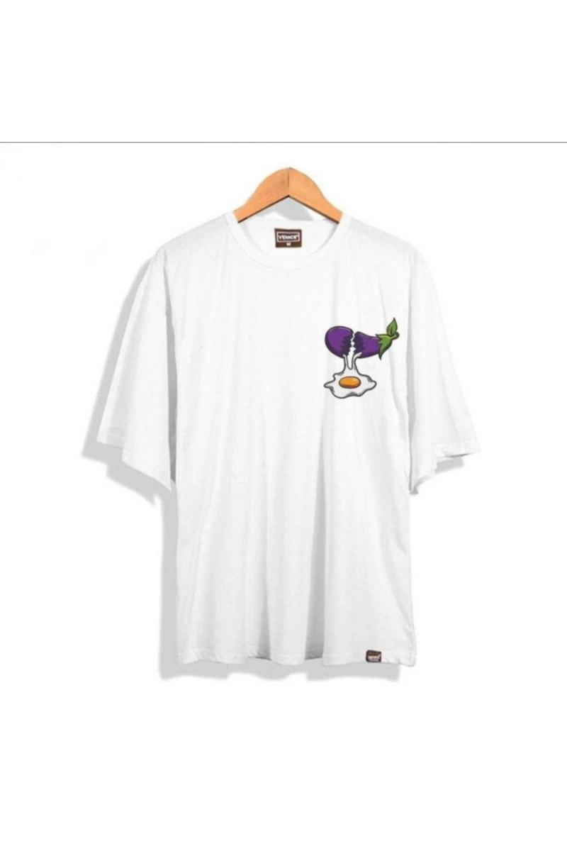Erkek Beyaz Patlıcan Oversze Bisiklet Yaka Tshirt