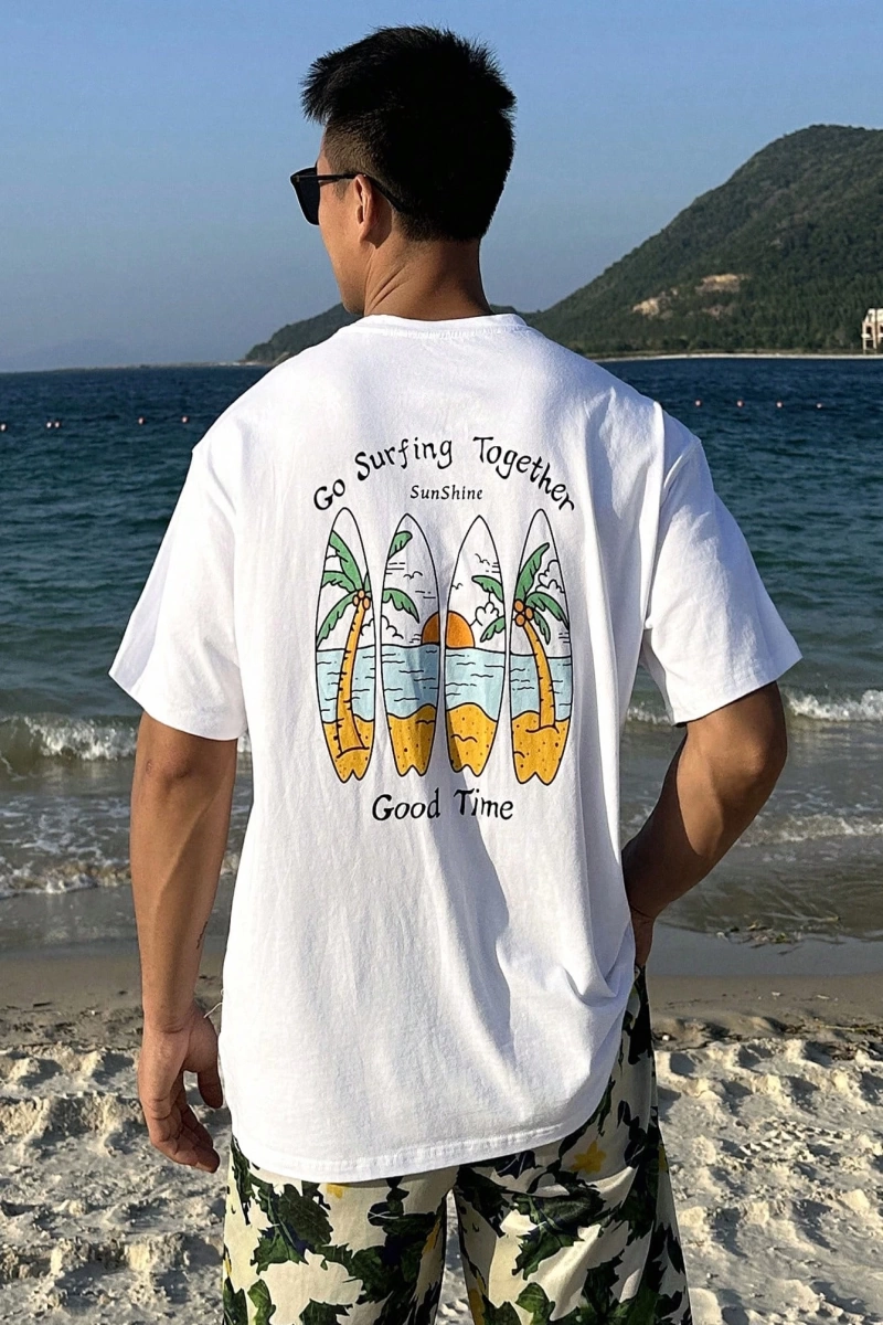 Erkek Beyaz Plaj ve Harf Baskılı Grafik Günlük Tişört, Yaz Tatil Stili