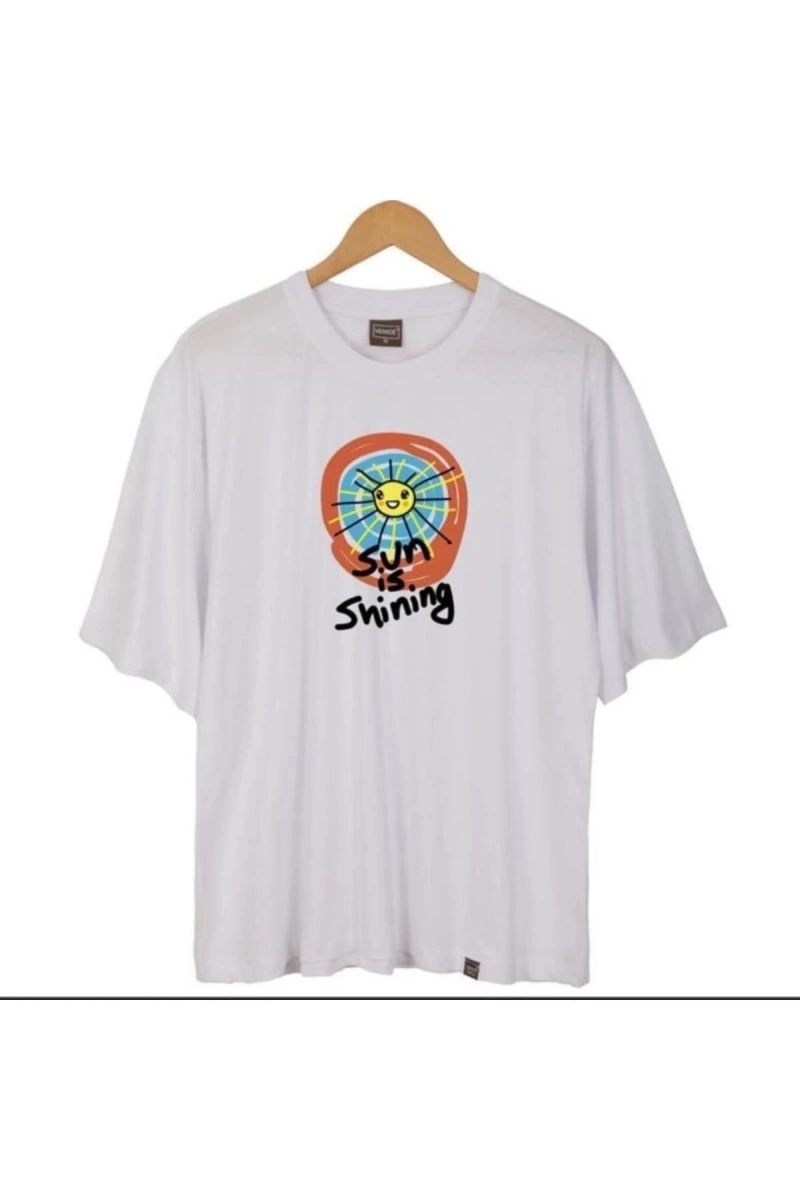 Erkek Beyaz Sun Is Shining Oversze Bisiklet Yaka Tshirt