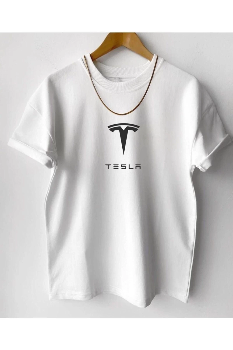Erkek Beyaz Tesla Baskılı Tshirt