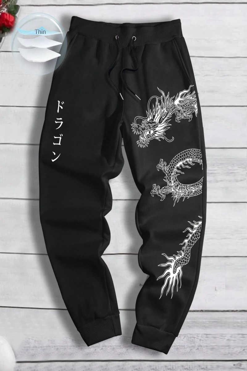 Erkek Bol Bağcıklı Jogger Pantolon Japon Karakterleri ve Ejderha Desenli