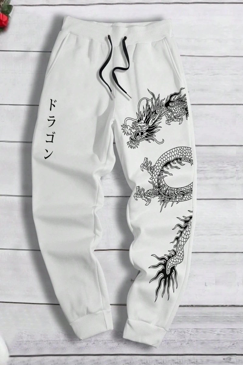 Erkek Bol Bağcıklı Jogger Pantolon Japon Karakterleri ve Ejderha Desenli