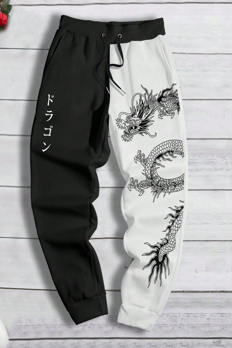 Erkek Bol Bağcıklı Jogger Pantolon Japon Karakterleri ve Ejderha Desenli