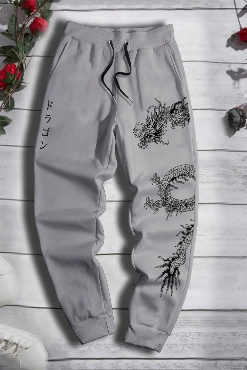 Erkek Bol Bağcıklı Jogger Pantolon Japon Karakterleri ve Ejderha Desenli