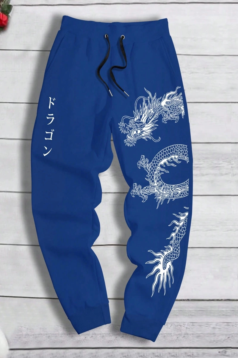 Erkek Bol Bağcıklı Jogger Pantolon Japon Karakterleri ve Ejderha Desenli