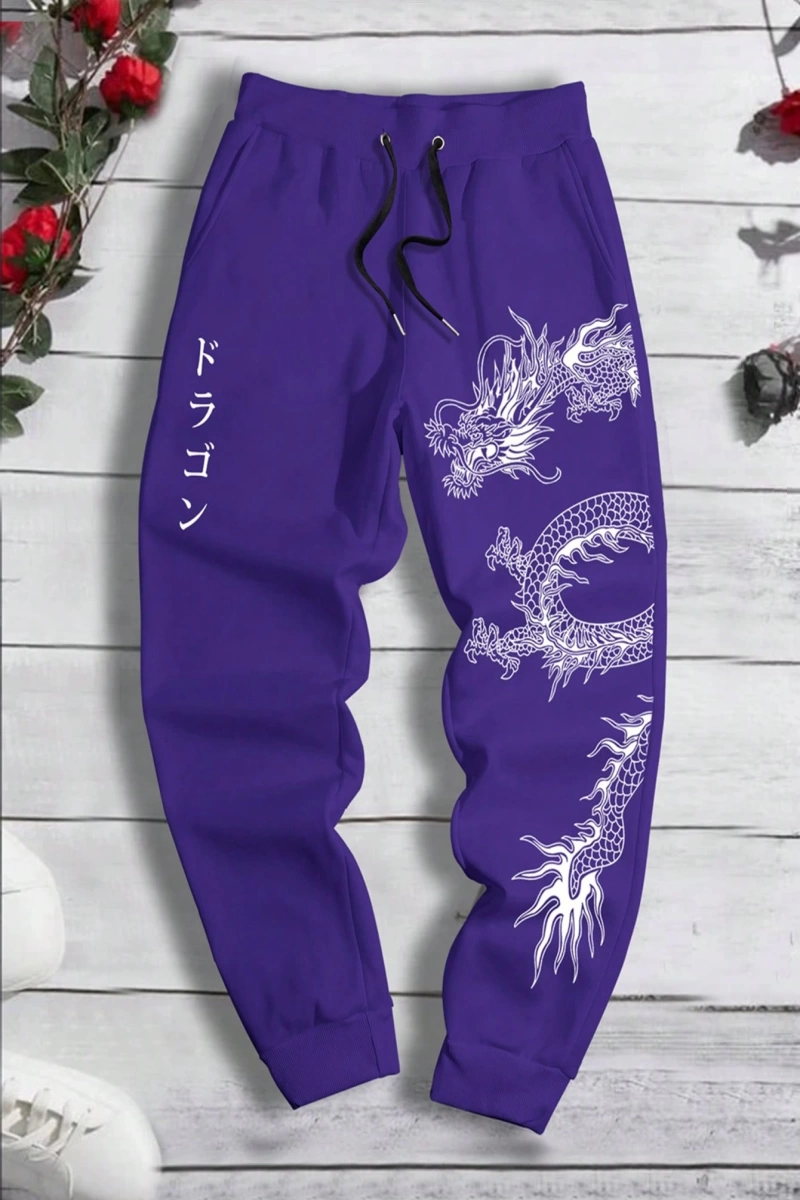 Erkek Bol Bağcıklı Jogger Pantolon Japon Karakterleri ve Ejderha Desenli