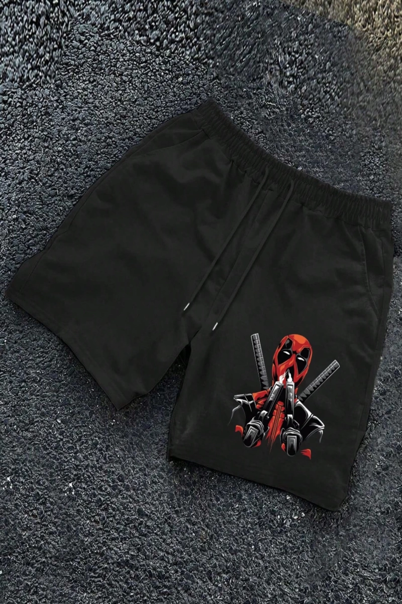 Erkek Bol Deadpool Gun & Smoke Baskılı Günlük Spor Şortları, Yaz