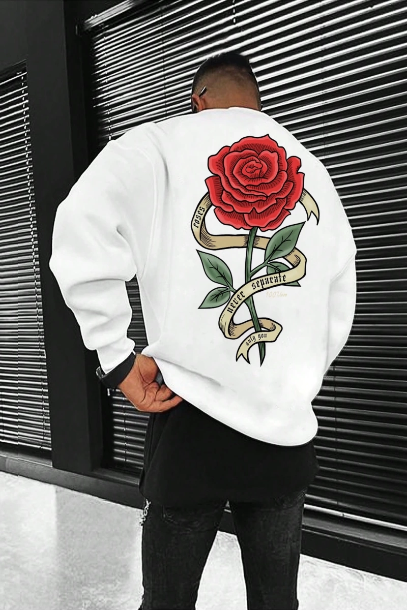 Erkek Bol Kesim Çiçek Baskılı Termal Astarlı Sweatshirt