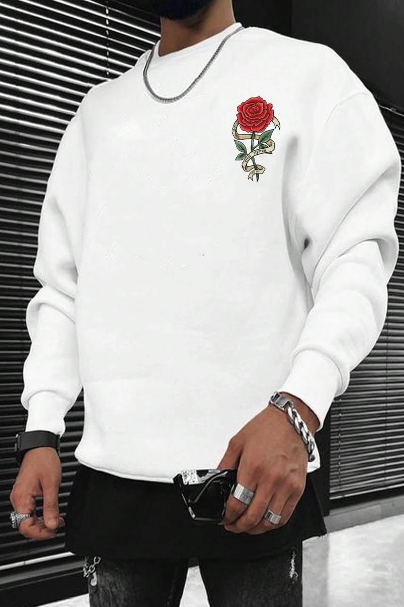 Erkek Bol Kesim Çiçek Baskılı Termal Astarlı Sweatshirt