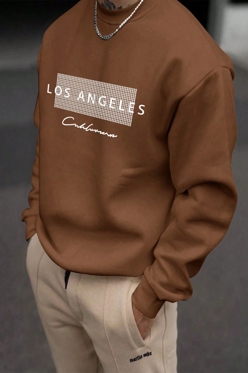 Erkek Bol Kesim Geometrik Baskılı Yuvarlak Yaka Günlük Sweatshirt, İlkbahar ve Sonbahar