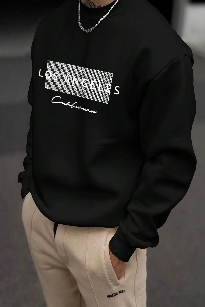 Erkek Bol Kesim Geometrik Baskılı Yuvarlak Yaka Günlük Sweatshirt, İlkbahar ve Sonbahar