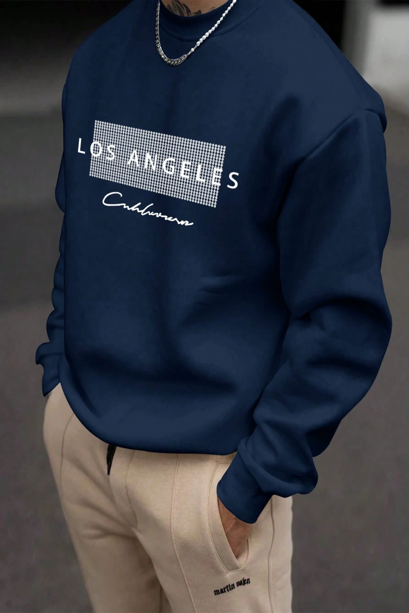 Erkek Bol Kesim Geometrik Baskılı Yuvarlak Yaka Günlük Sweatshirt, İlkbahar ve Sonbahar