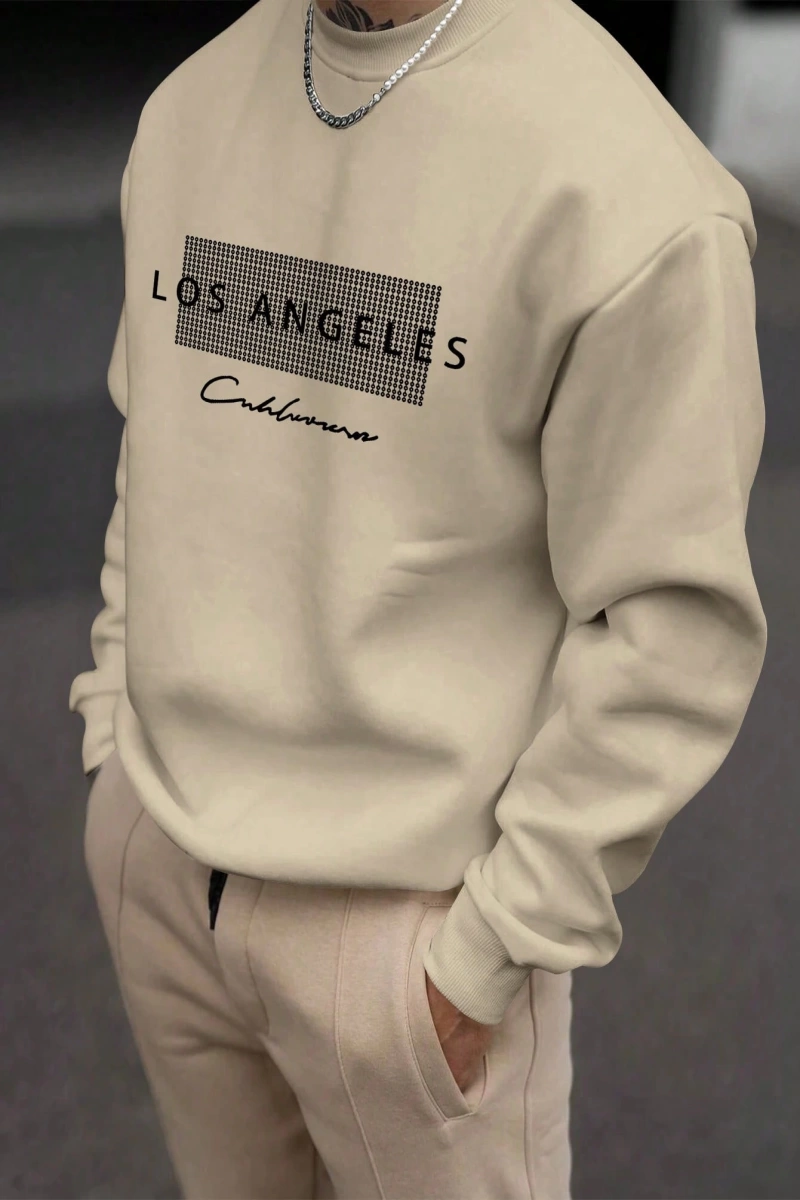 Erkek Bol Kesim Geometrik Baskılı Yuvarlak Yaka Günlük Sweatshirt, İlkbahar ve Sonbahar