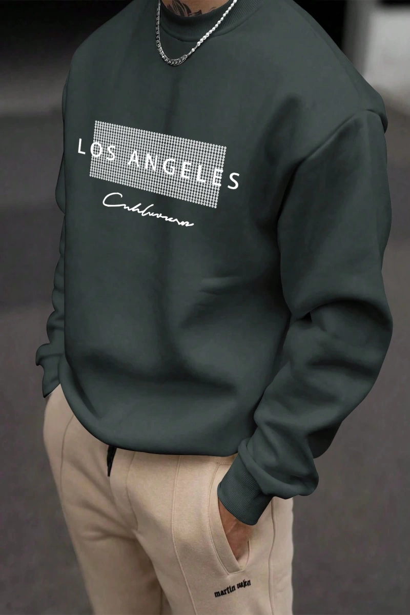 Erkek Bol Kesim Geometrik Baskılı Yuvarlak Yaka Günlük Sweatshirt, İlkbahar ve Sonbahar