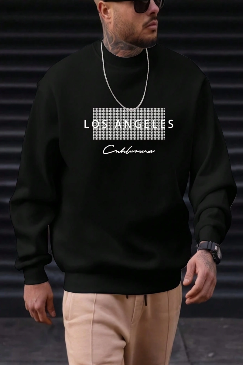 Erkek Bol Kesim Geometrik Baskılı Yuvarlak Yaka Günlük Sweatshirt, İlkbahar ve Sonbahar