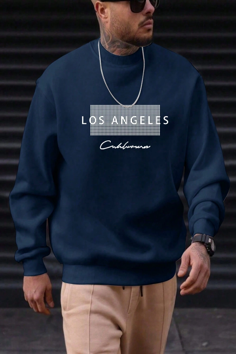 Erkek Bol Kesim Geometrik Baskılı Yuvarlak Yaka Günlük Sweatshirt, İlkbahar ve Sonbahar