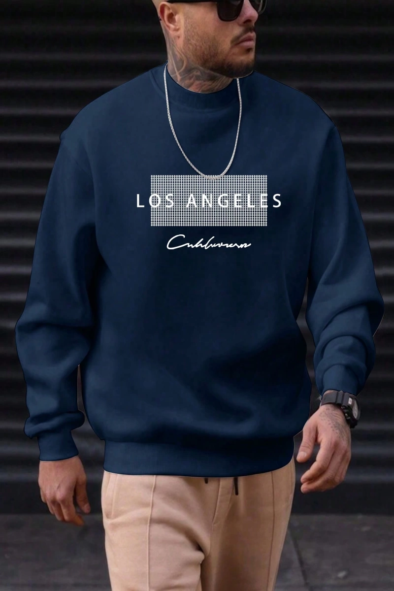 Erkek Bol Kesim Geometrik Baskılı Yuvarlak Yaka Günlük Sweatshirt, İlkbahar ve Sonbahar