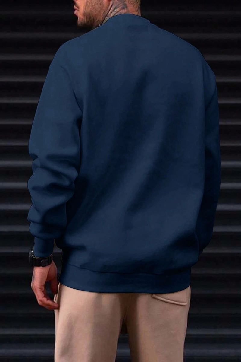 Erkek Bol Kesim Geometrik Baskılı Yuvarlak Yaka Günlük Sweatshirt, İlkbahar ve Sonbahar