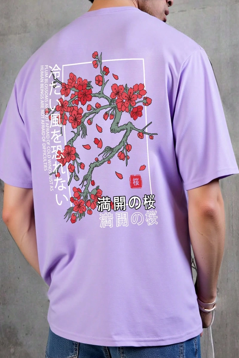 Erkek Bol Kesim Kısa Kollu Tişört Sırtı Çiçek Grafik Baskılı, Japon Tarzı, Dı