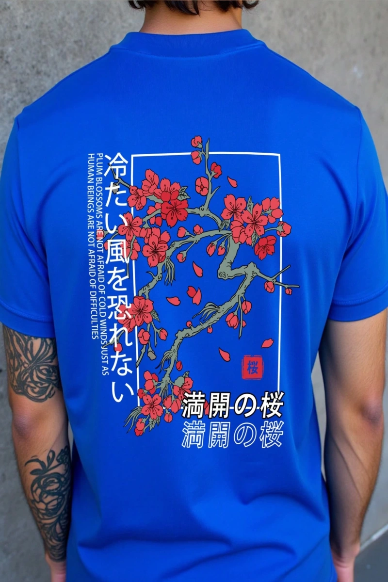 Erkek Bol Kesim Kısa Kollu Tişört Sırtı Çiçek Grafik Baskılı, Japon Tarzı, Dı