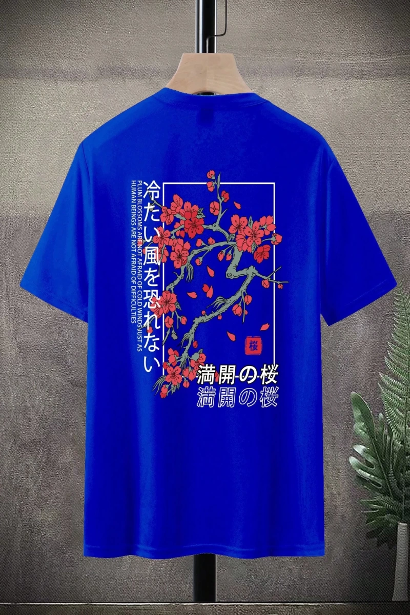 Erkek Bol Kesim Kısa Kollu Tişört Sırtı Çiçek Grafik Baskılı, Japon Tarzı, Dı
