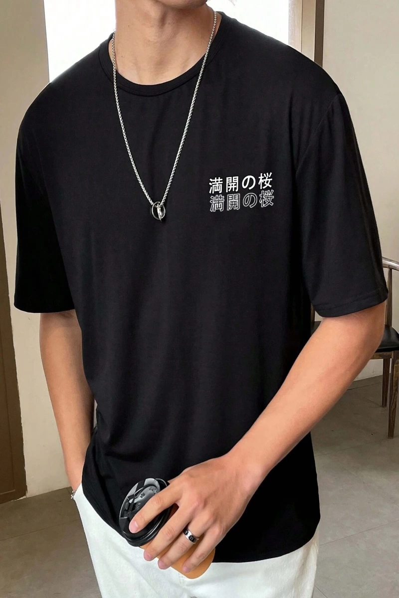 Erkek Bol Kesim Kısa Kollu Tişört Sırtı Çiçek Grafik Baskılı, Japon Tarzı, Dı